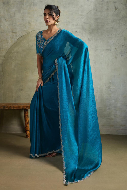 Melia Blue Chiffon Embellished Zarkan Border Ready to Wear Saree