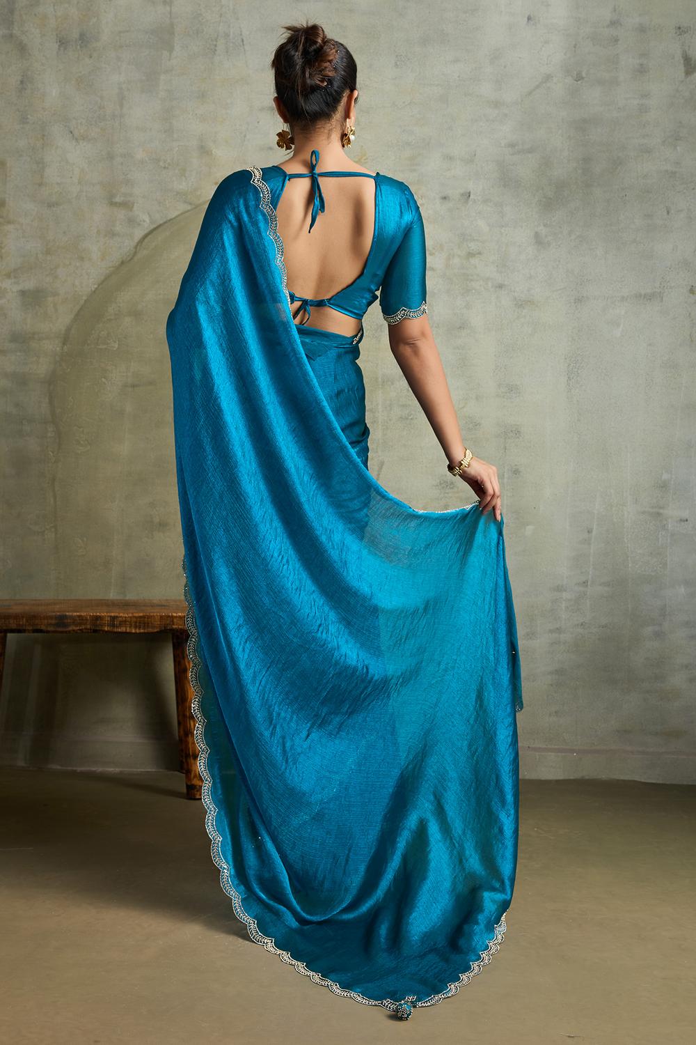 Melia Blue Chiffon Embellished Zarkan Border Ready to Wear Saree