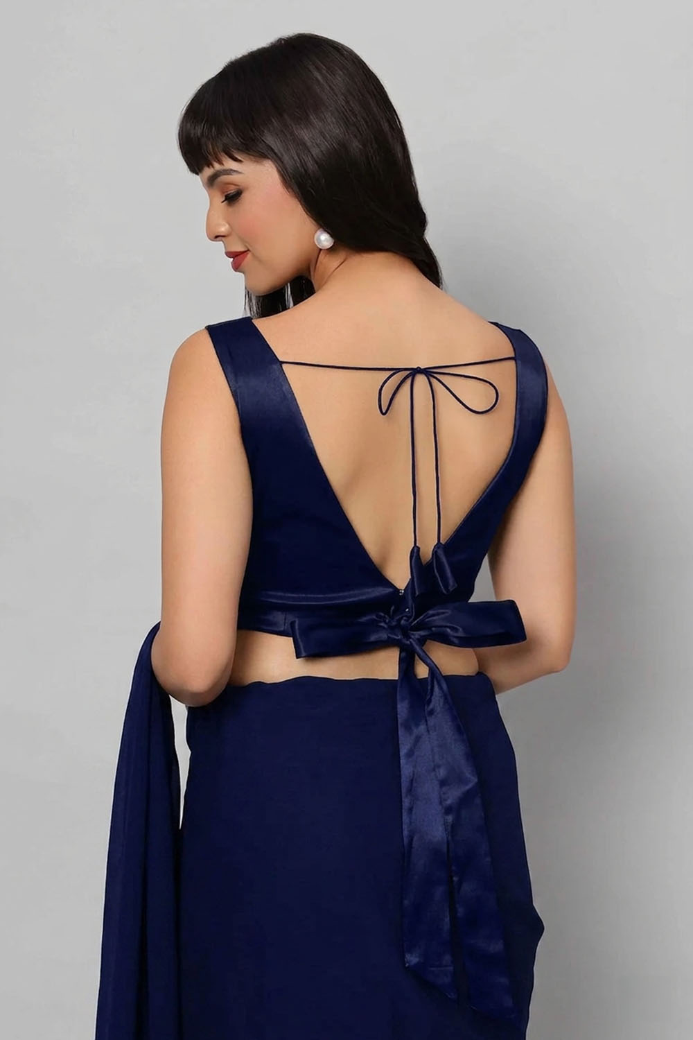 Ana Dark Blue Satin Comfort Stretch™  Deep V Sleeveless Blouse with Bow