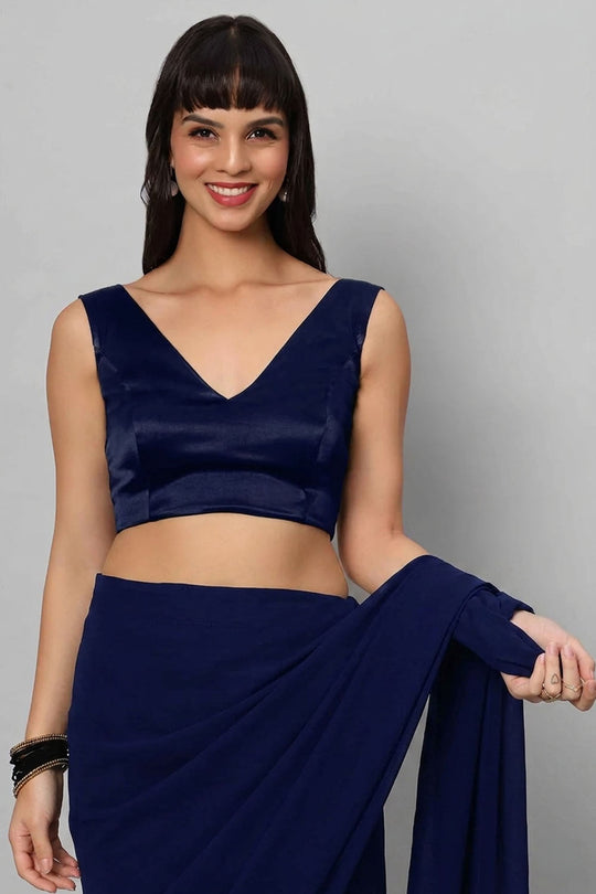 Ana Dark Blue Satin Comfort Stretch™  Deep V Sleeveless Blouse with Bow