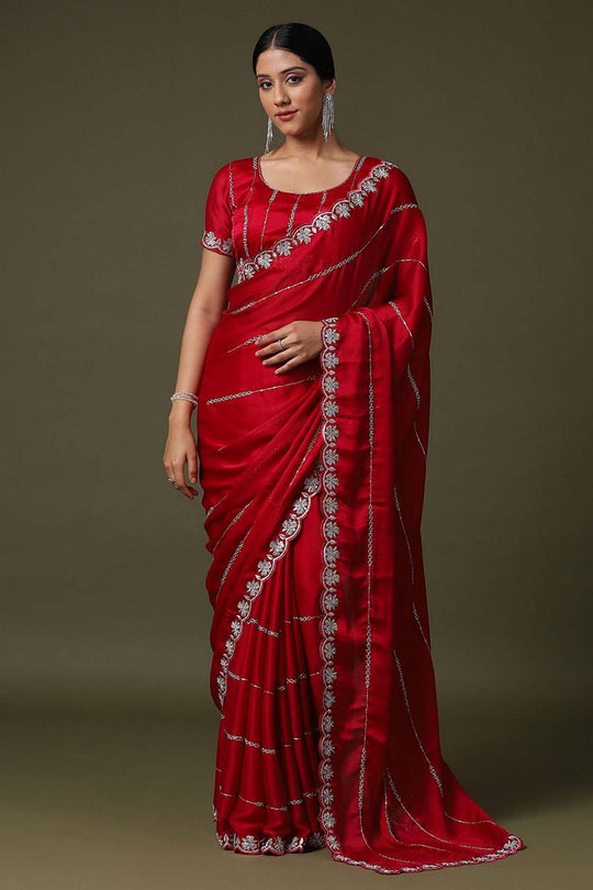 Uma Red Satin Silk Embellished Ready to Wear Saree