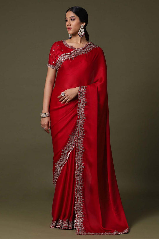 Tina Red Satin Silk with Embroidery work Ready to Wear Saree