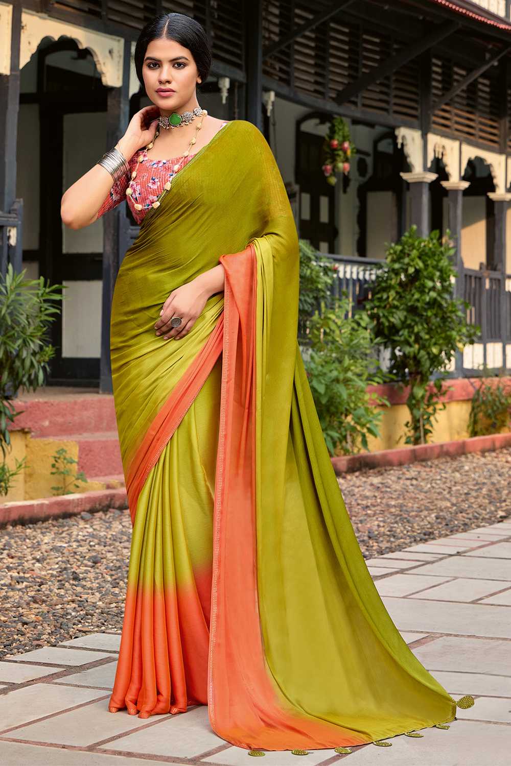 Olive Chiffon Embellished Ombre One Minute Saree - Ready to Wear