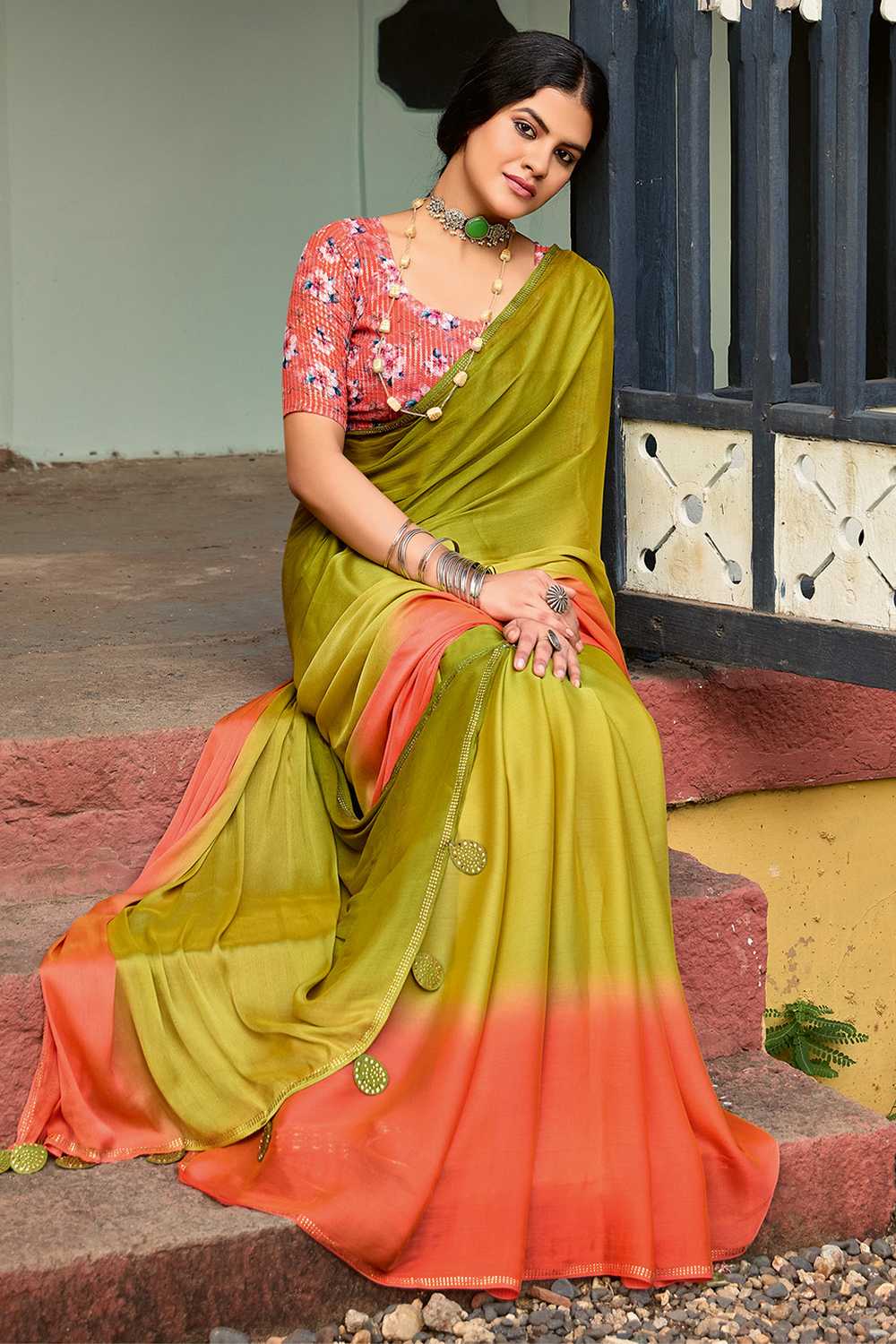 Olive Chiffon Embellished Ombre One Minute Saree - Ready to Wear