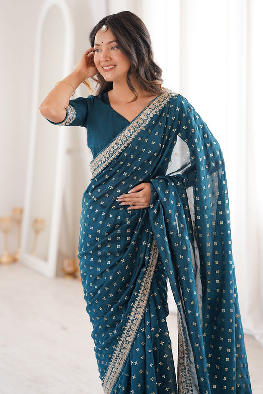 Ella Teal Blue Silk Foil Work Ready to Wear One Minute Saree