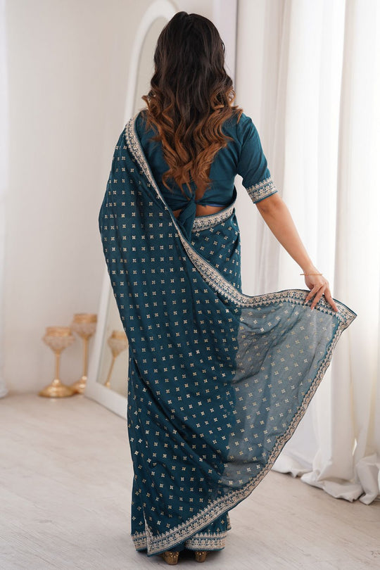 Ella Teal Blue Silk Foil Work Ready to Wear One Minute Saree