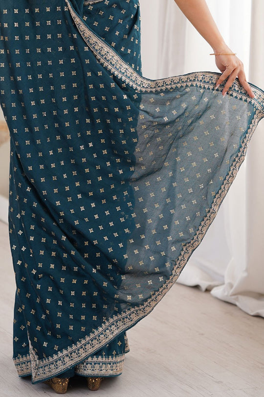 Ella Teal Blue Silk Foil Work Ready to Wear One Minute Saree
