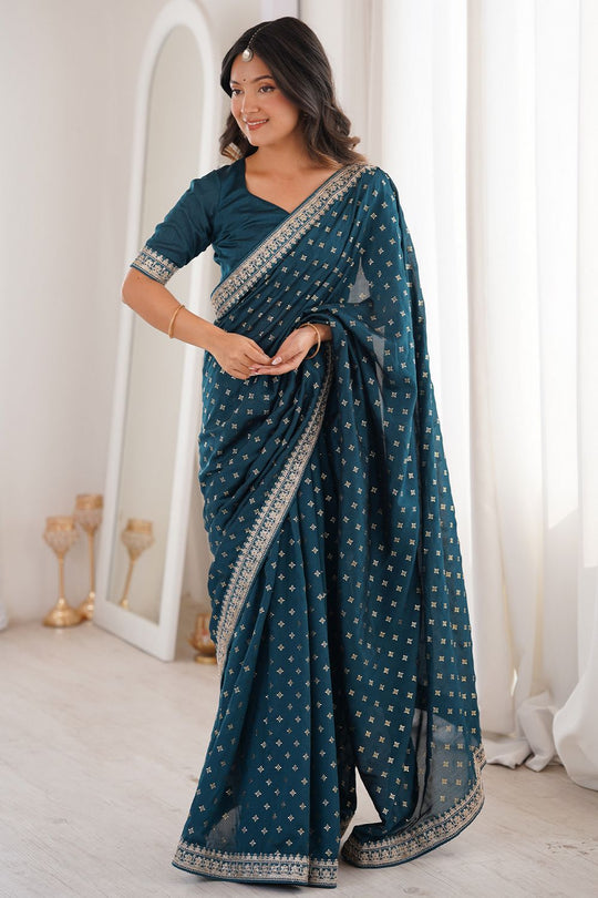 Ella Teal Blue Silk Foil Work Ready to Wear One Minute Saree