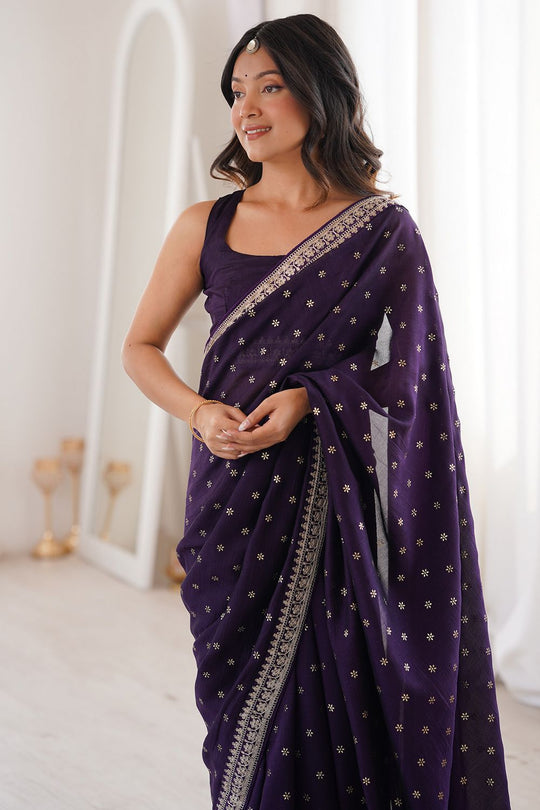 Ella Dark Purple Silk Foil Work Ready to Wear One Minute Saree