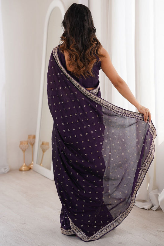Ella Dark Purple Silk Foil Work Ready to Wear One Minute Saree