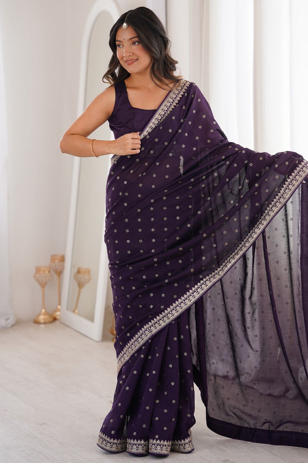 Ella Dark Purple Silk Foil Work Ready to Wear One Minute Saree