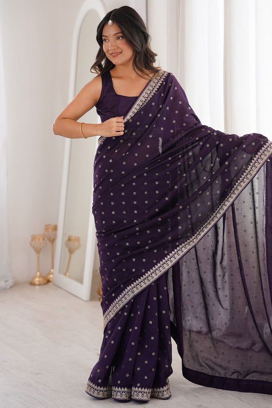 Ella Dark Purple Silk Foil Work Ready to Wear One Minute Saree
