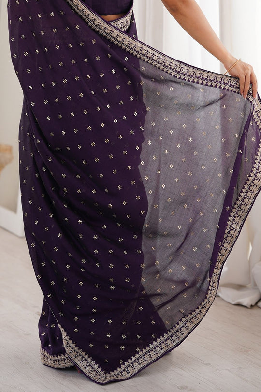 Ella Dark Purple Silk Foil Work Ready to Wear One Minute Saree