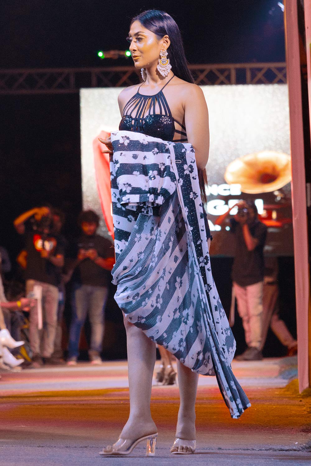 Mira Black Georgette Stripered with Sequins Ready to Wear One Minute Saree