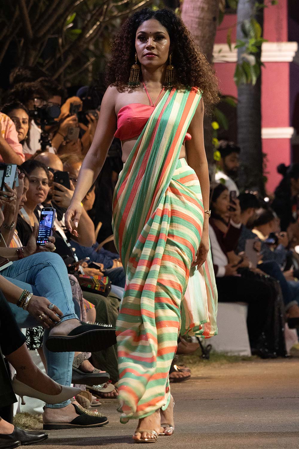 Jini Multi-coloured Georgette Striped Ready to Wear One Minute Saree