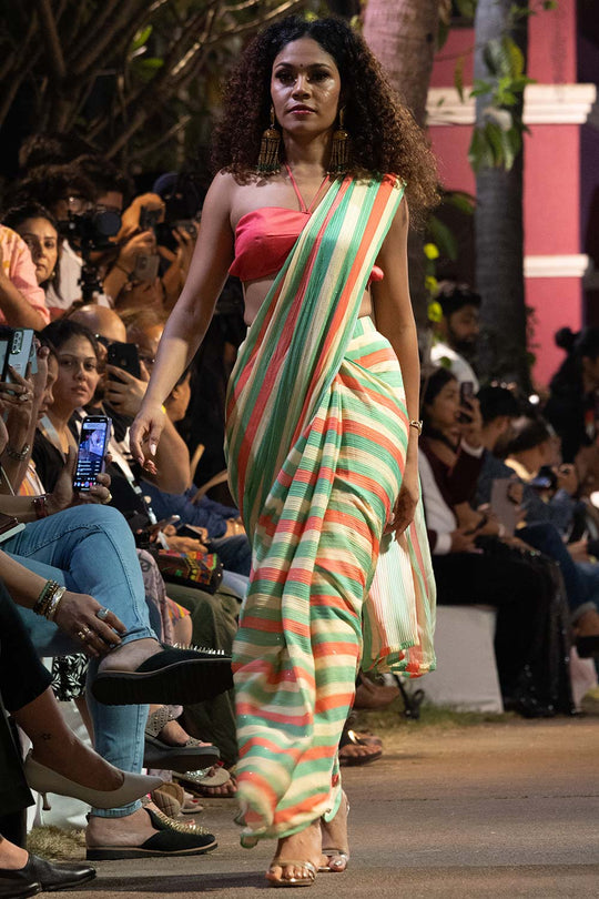 Jini Multi-coloured Georgette Striped Ready to Wear One Minute Saree