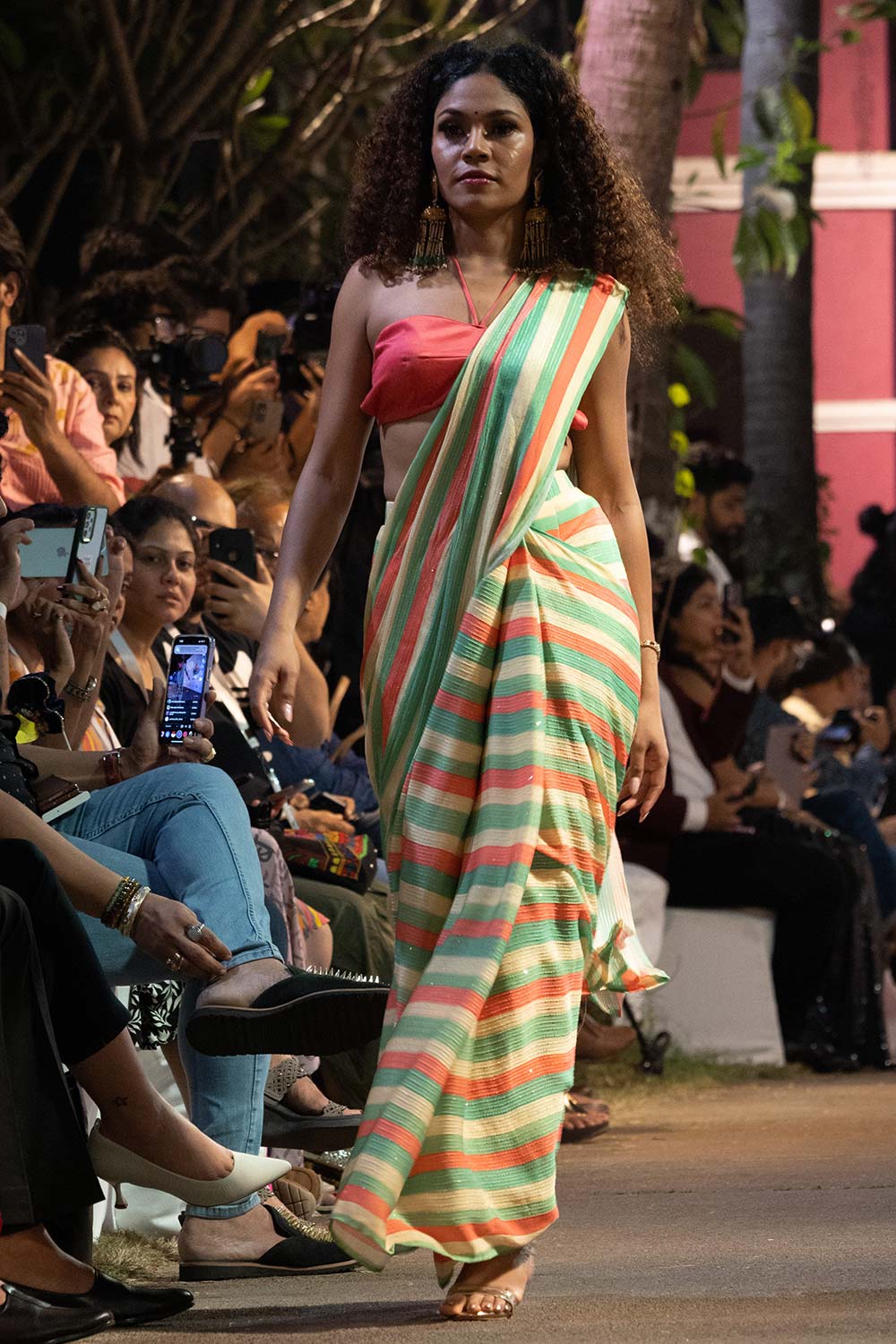 Jini Multi-coloured Georgette Striped Ready to Wear One Minute Saree