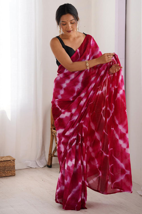 Astrid Hot Pink Georgette Tie and Dye Ready to Wear Saree