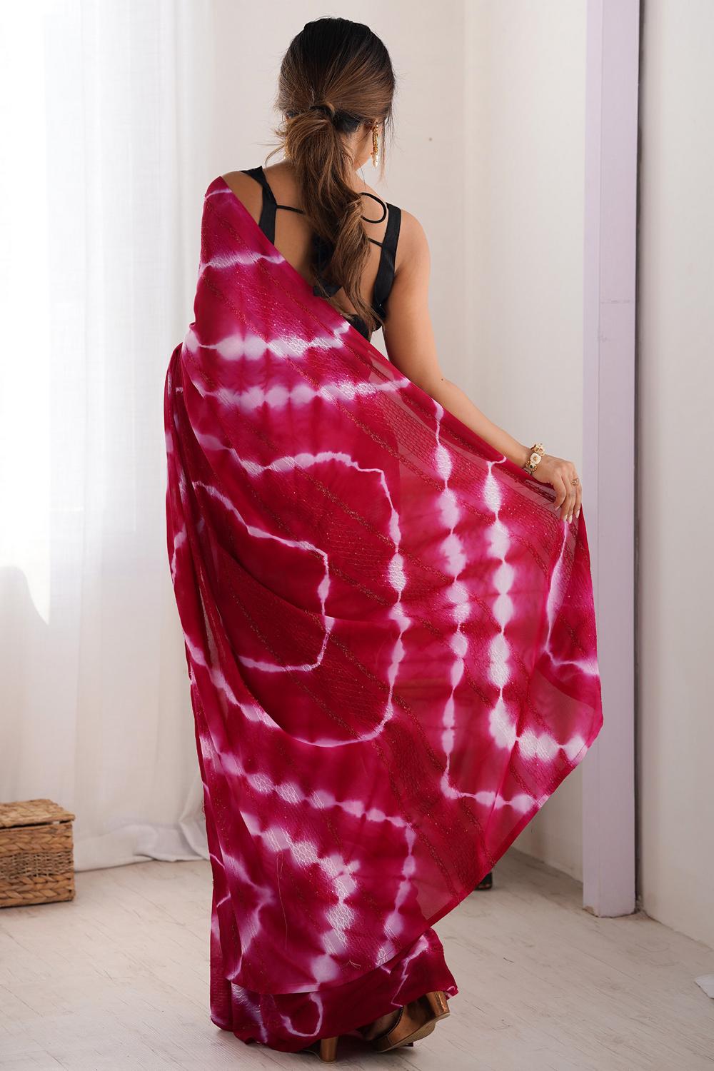 Astrid Hot Pink Georgette Tie and Dye Ready to Wear Saree