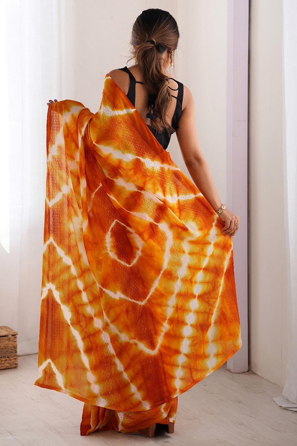 Astrid Orange Georgette Tie and Dye Ready to Wear Saree