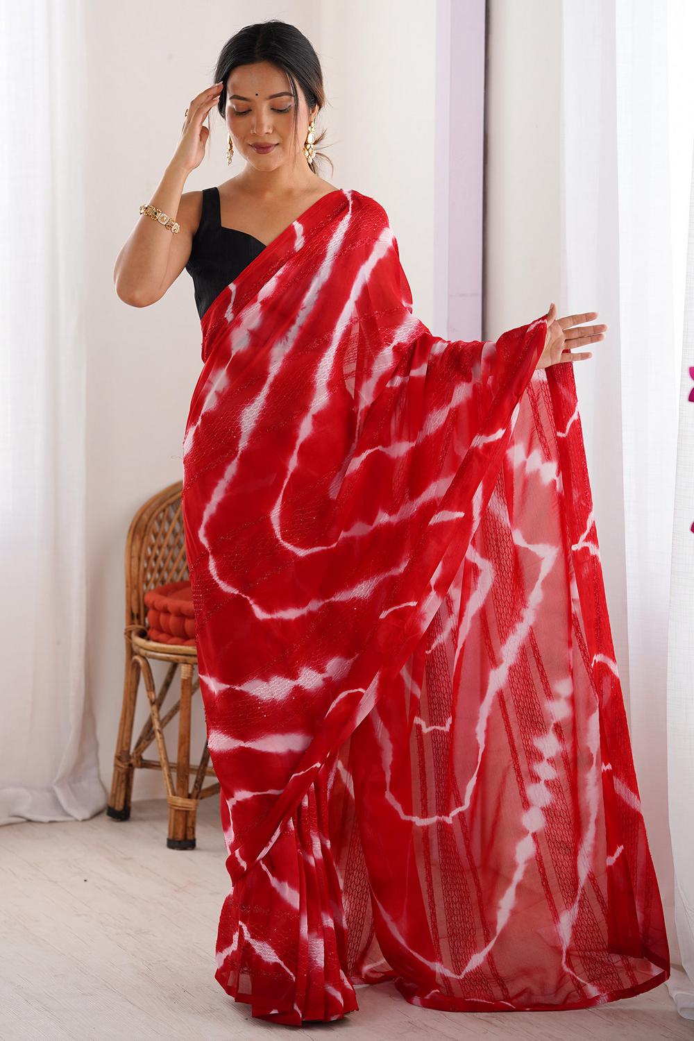 Astrid Red Georgette Tie and Dye Ready to Wear Saree