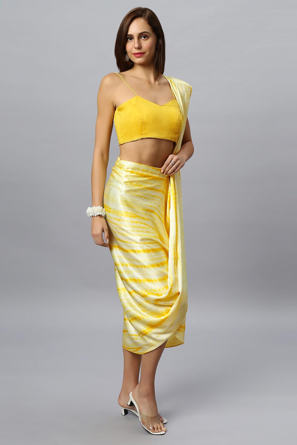 Avril Yellow Modal Satin Tie Dye Sarong Saree