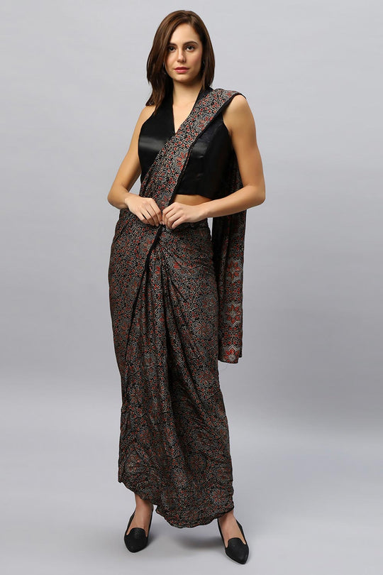 Amara Modal Silk Hand-Printed Ajrakh Sarong Saree