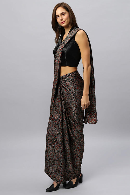 Amara Modal Silk Hand-Printed Ajrakh Sarong Saree