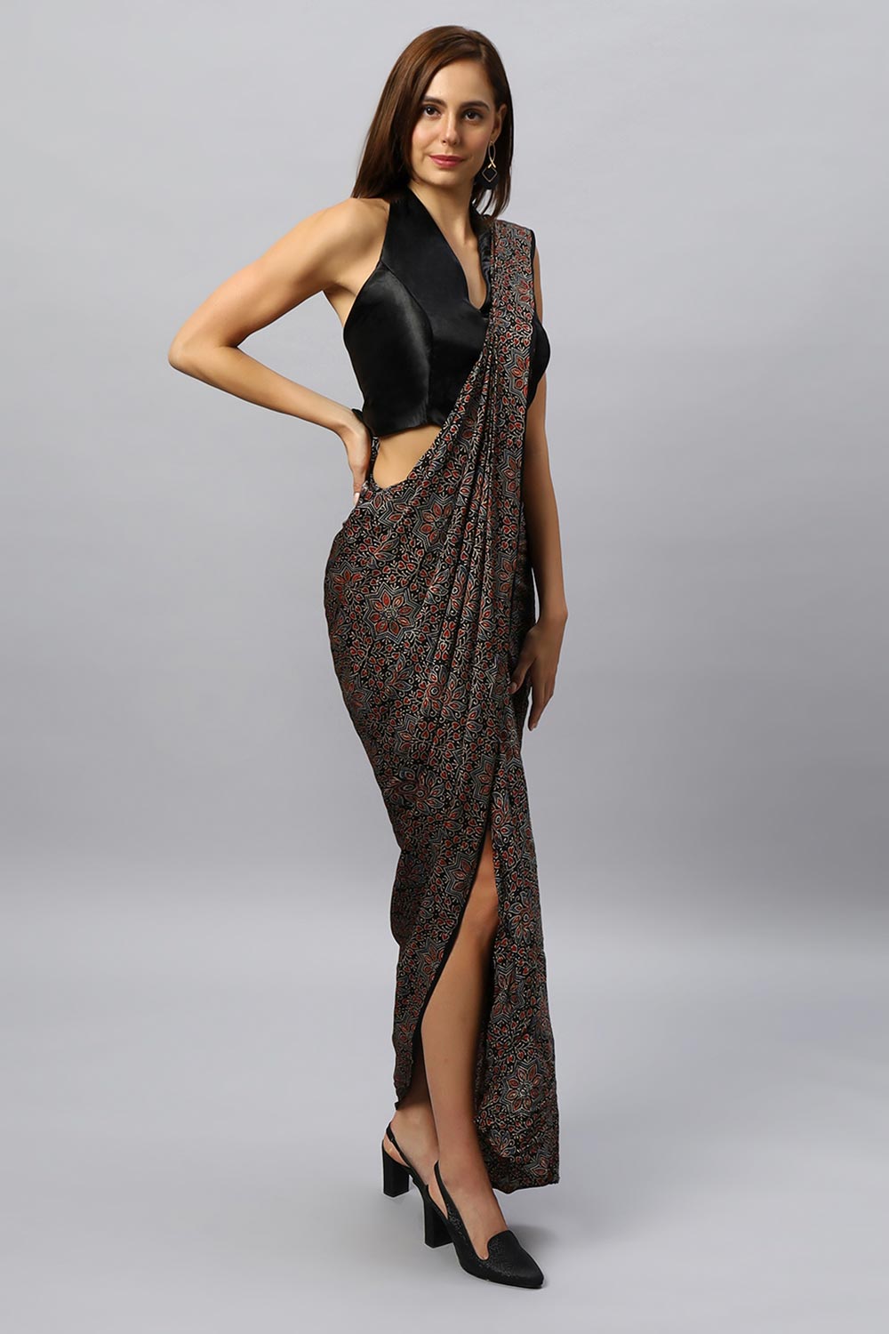 Amara Modal Silk Hand-Printed Ajrakh Sarong Saree