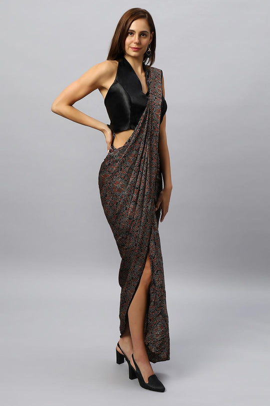 Amara Modal Silk Hand-Printed Ajrakh Sarong Saree