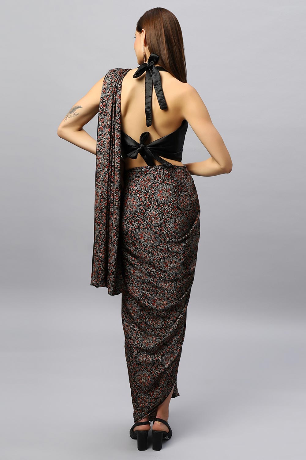 Amara Modal Silk Hand-Printed Ajrakh Sarong Saree