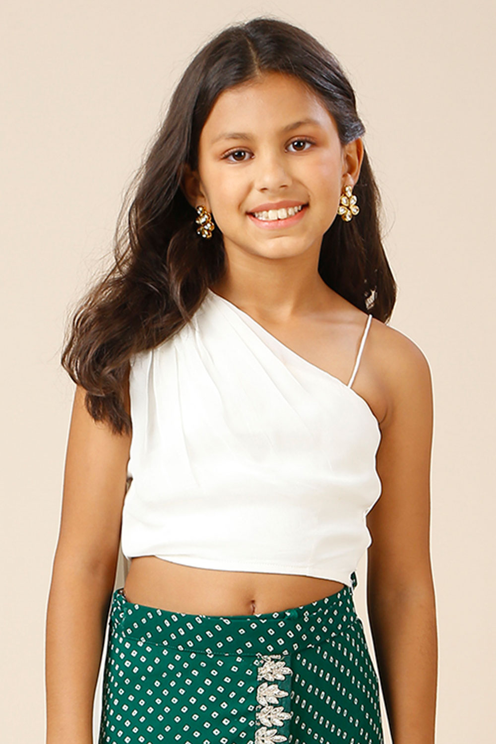 Chiara Stretchable Silk Shoulder Drape Blouse in White for Kids & Tweens