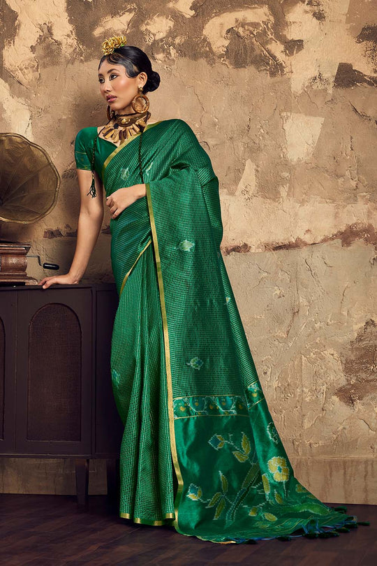Dosia Emerald Green Handloom Weaving Silk Saree with Zari Border Ready to Wear Saree
