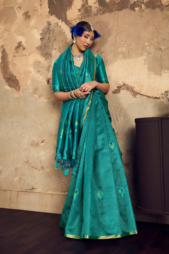 Dosia Teal Green Handloom Weaving Silk Saree with Zari Border Ready to Wear Saree