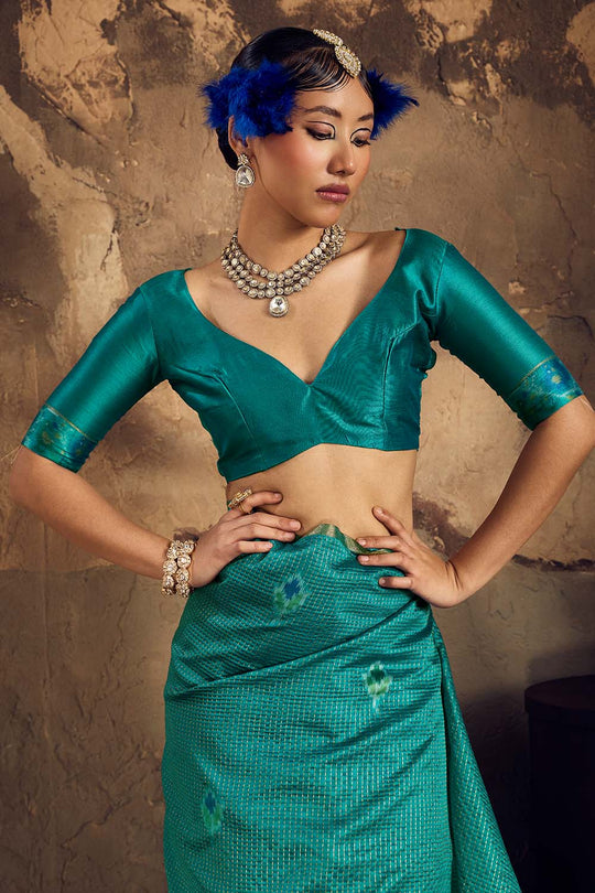 Dosia Teal Green Handloom Weaving Silk Saree with Zari Border Ready to Wear Saree