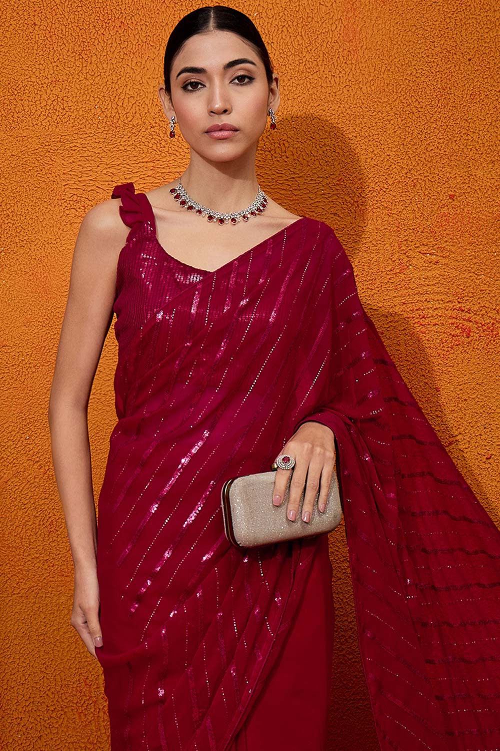 Polly Pink Georgette Embellished Designer One Minute Saree