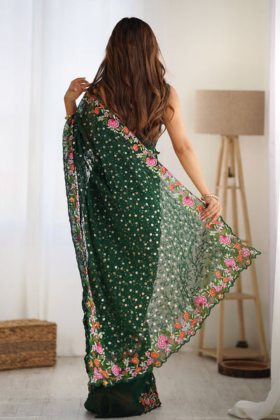 Isabella Emerald Green Georgette with Sequins & Floral Work One Minute Saree