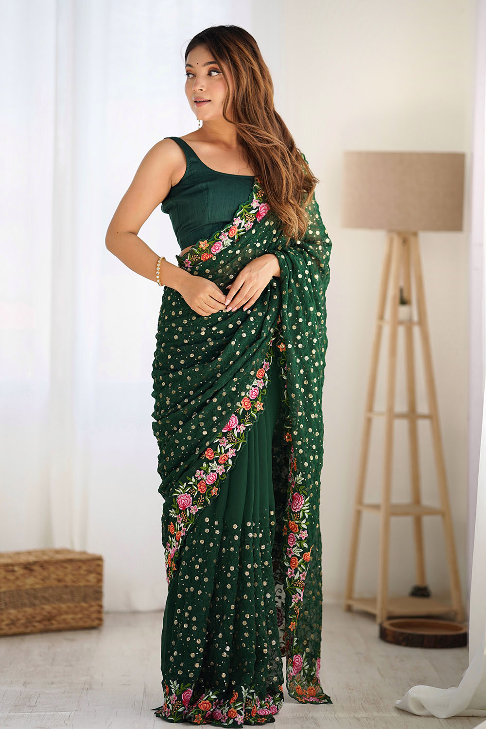 Isabella Emerald Green Georgette with Sequins & Floral Work One Minute Saree