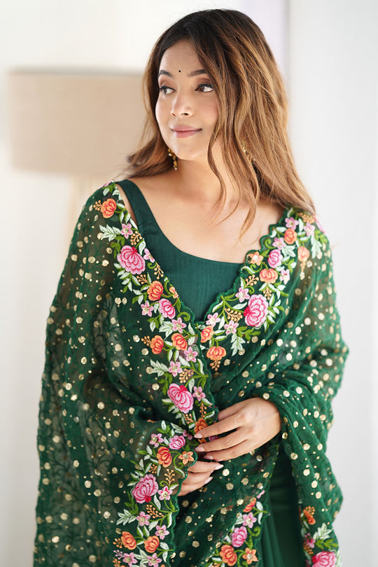 Isabella Emerald Green Georgette with Sequins & Floral Work One Minute Saree
