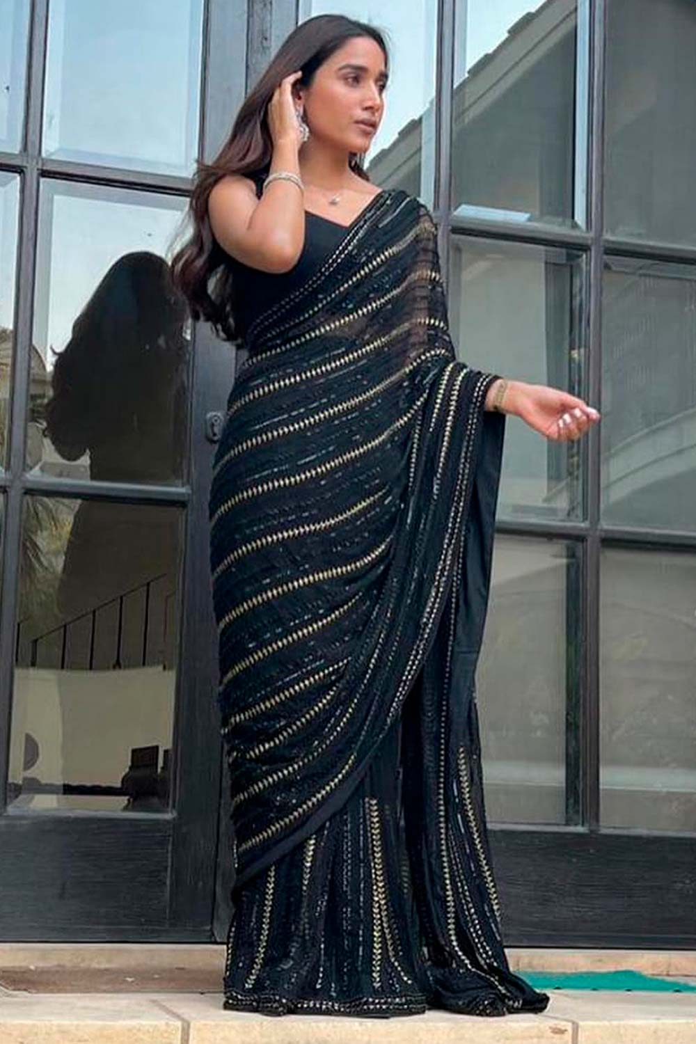 Brina Black Georgette Sequins One Minute Saree