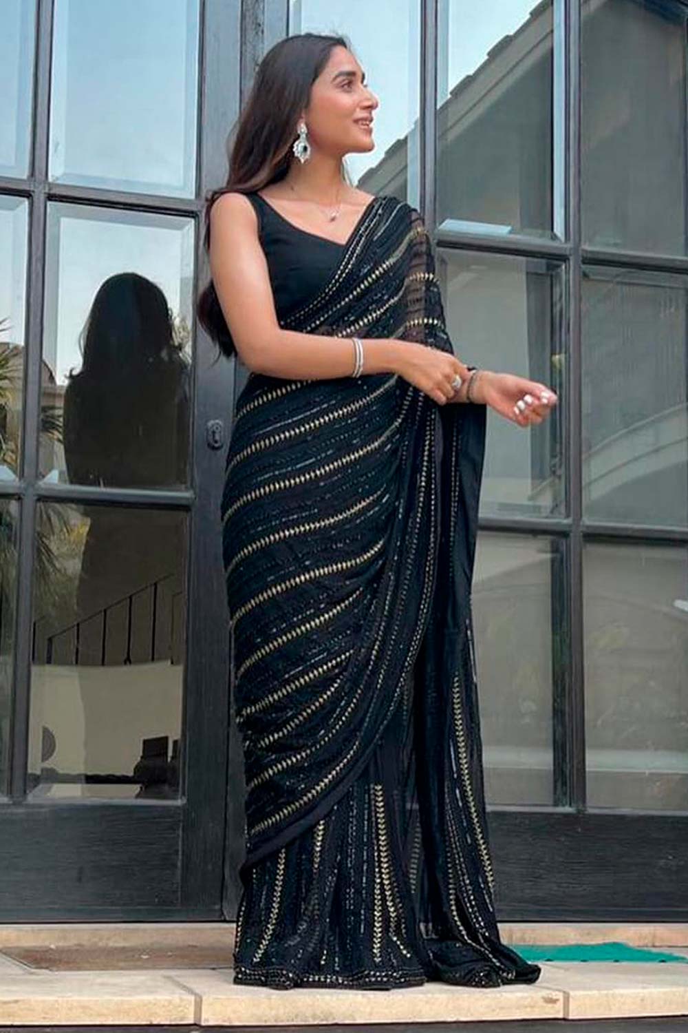 Brina Black Georgette Sequins One Minute Saree