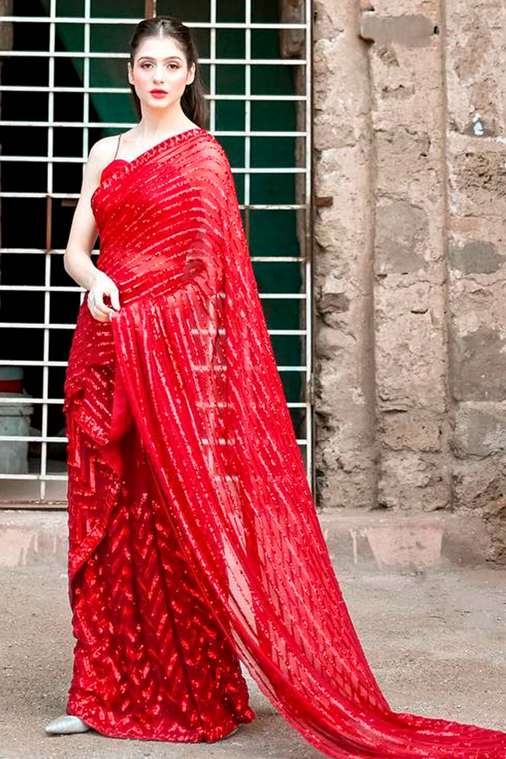 Betty Red Georgette Sequins One Minute Saree