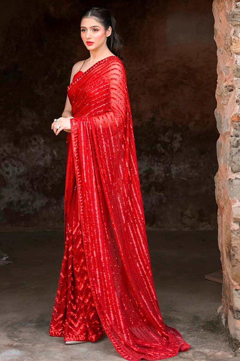 Betty Red Georgette Sequins One Minute Saree