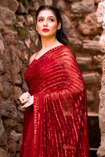 Betty Red Georgette Sequins One Minute Saree