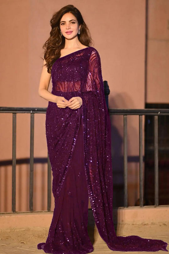 Nyris Magenta Georgette Embellished Ready to Wear One Minute Saree