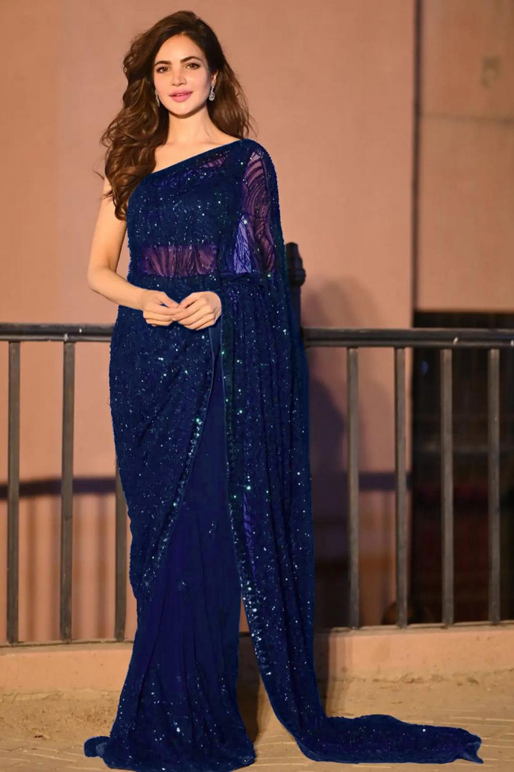 Nyris Navy Blue Georgette Embellished Ready to Wear One Minute Saree