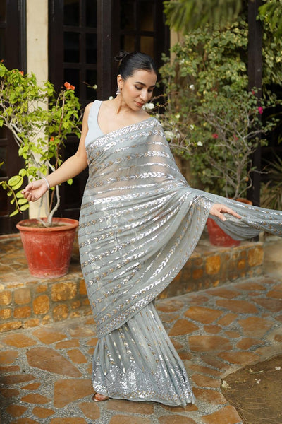 Buy Bitt Silver Georgette Embellished Ready to Wear One Minute Saree