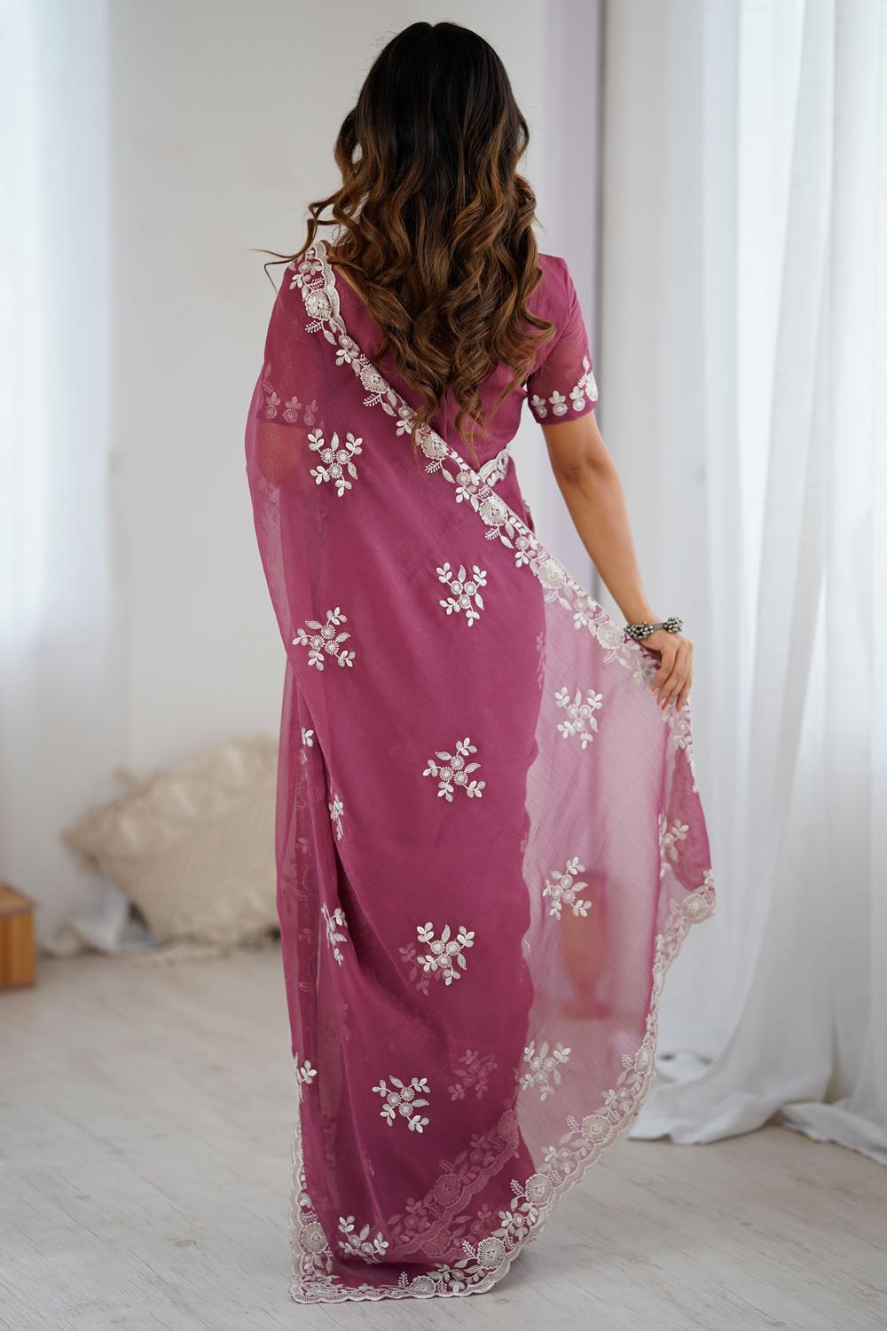 Lata Mauve Georgette Floral Embroidered Ready to Wear Saree