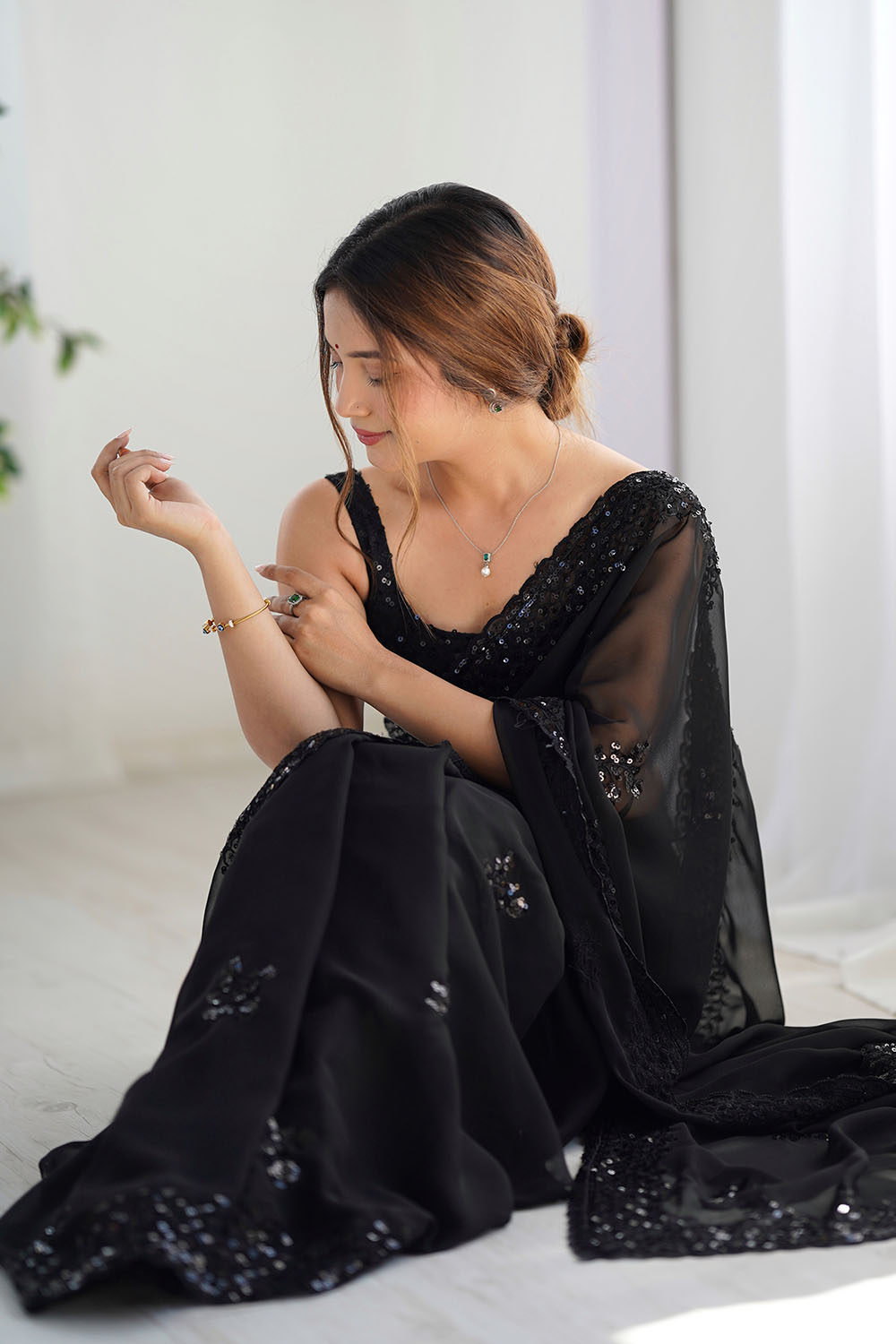 Tyra Black Georgette Net Embroidered Sequins One Minute Saree