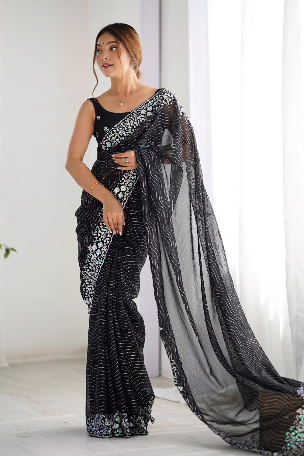 Isaha Black Georgette Saree with Sequins Embellished Border Ready to Wear One Minute Saree